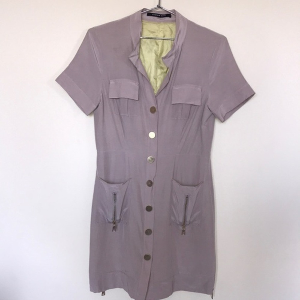 Andrew Marc Women’s Beige Gray Silk Button-Up Dress Size 8